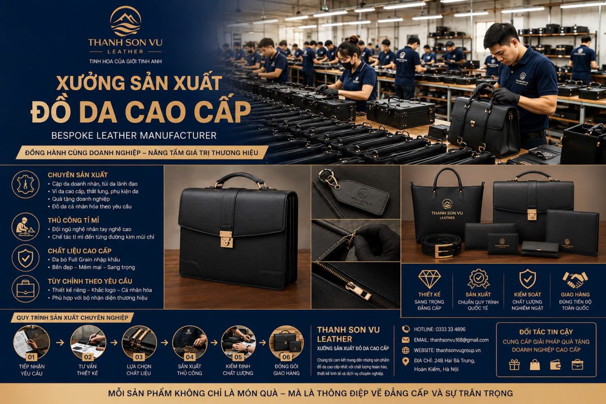 Thanh Sơn Vũ Leather – Xưởng sản xuất đồ da cao cấp chuyên thiết kế và gia công cặp doanh nhân, túi xách, ví da, phụ kiện da và quà tặng doanh nghiệp theo yêu cầu bằng da thật Full Grain.