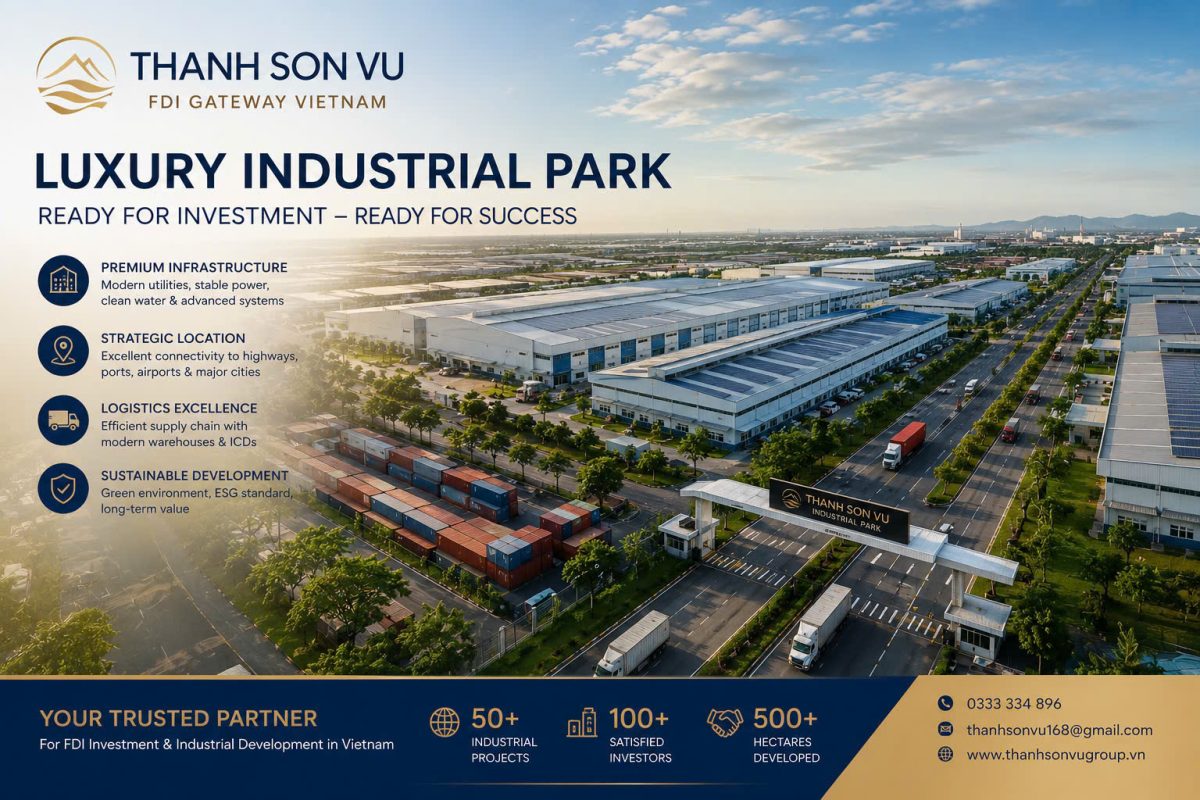 Luxury Industrial Park của Thanh Sơn Vũ với hệ thống khu công nghiệp hiện đại, hạ tầng đồng bộ, vị trí chiến lược và giải pháp đầu tư FDI toàn diện tại Việt Nam.